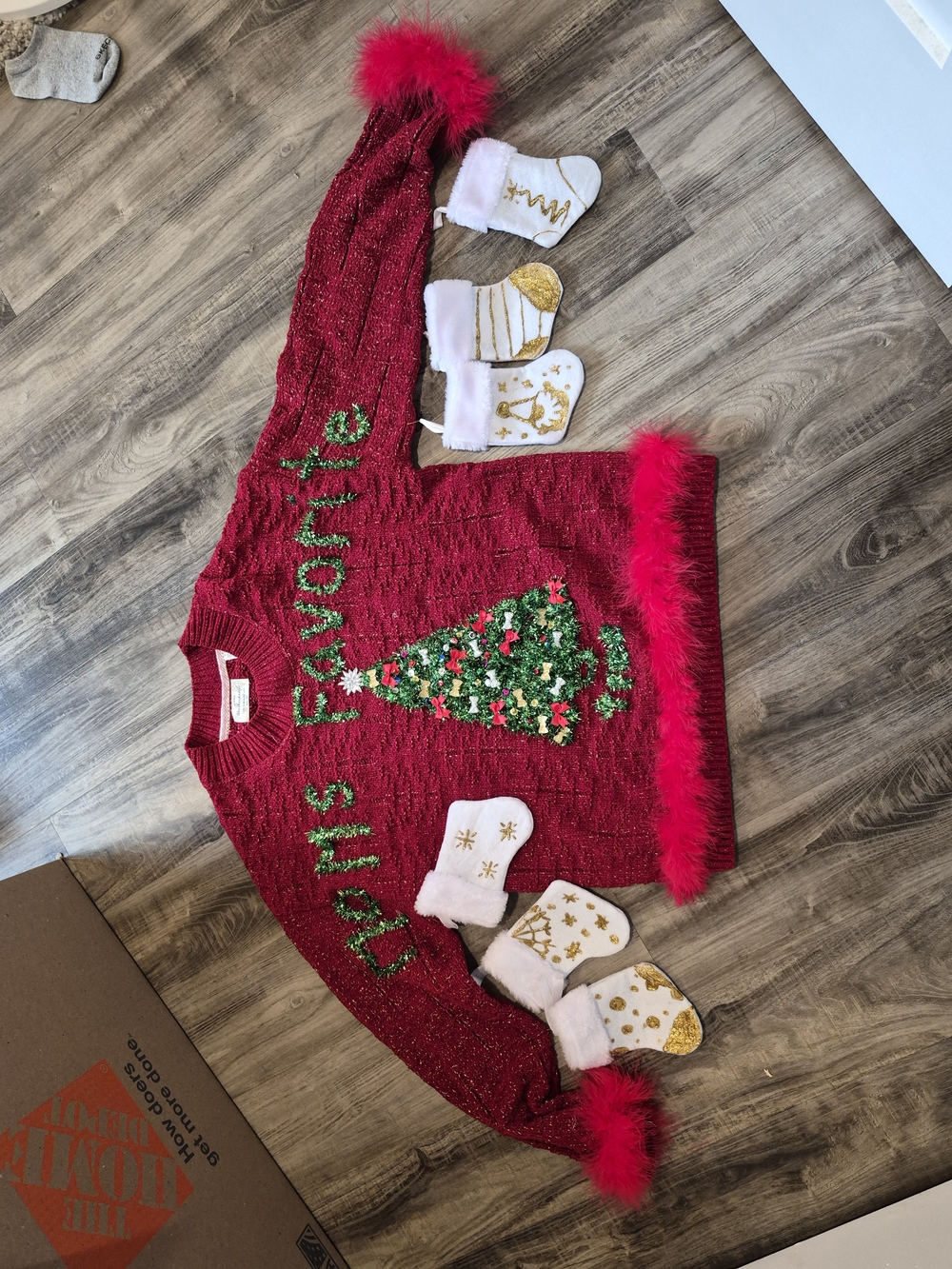 Weatherproof Ugly Red Sequin Christmas Tree Sweater with Feather Trim
